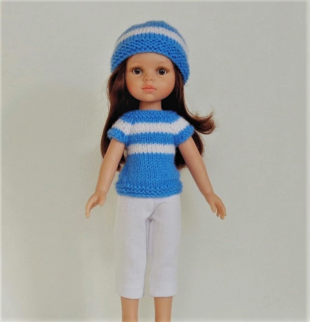 Modrý svetřík s čepicí a bermudy na panenku Paola Reina 32 cm