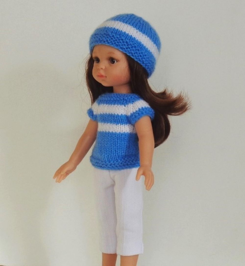 Modrý svetřík s čepicí a bermudy na panenku Paola Reina 32 cm