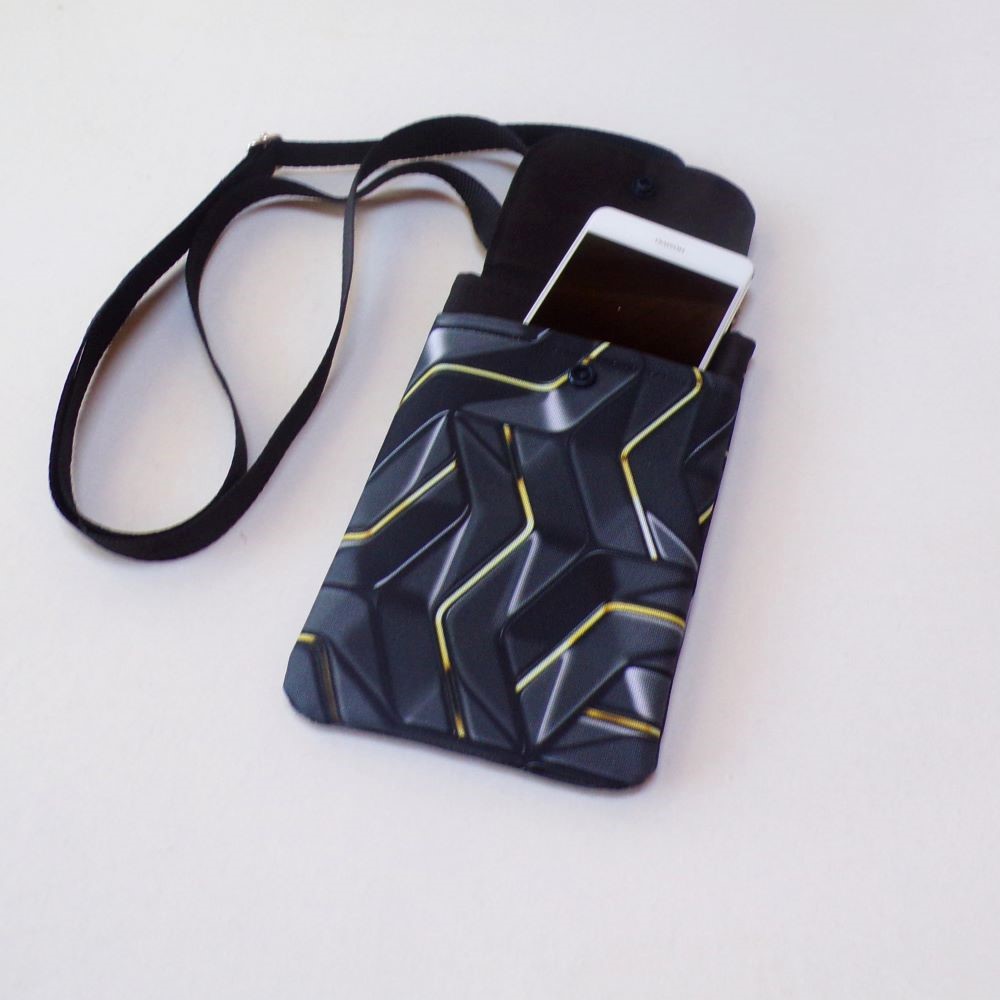 Kabelka na mobil crossbody - geo černošedá se žlutou