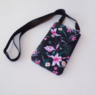 Kabelka na mobil crossbody - lilie na černé
